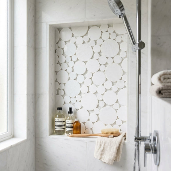 AI-generated shop-the-look image showing natural stone tile styled in a room setting