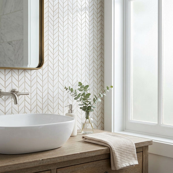 AI-generated shop-the-look image showing natural stone tile styled in a room setting