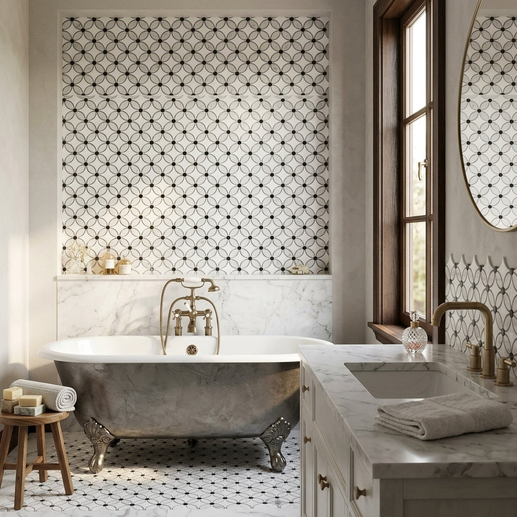 AI-generated shop-the-look image showing natural stone tile styled in a room setting