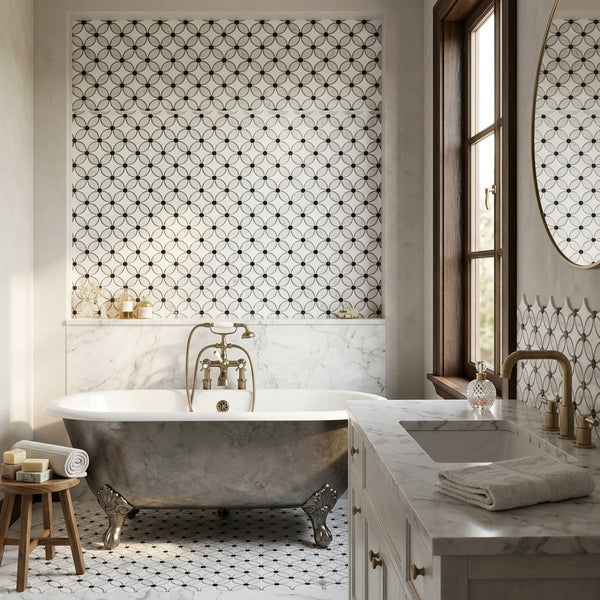 AI-generated shop-the-look image showing natural stone tile styled in a room setting