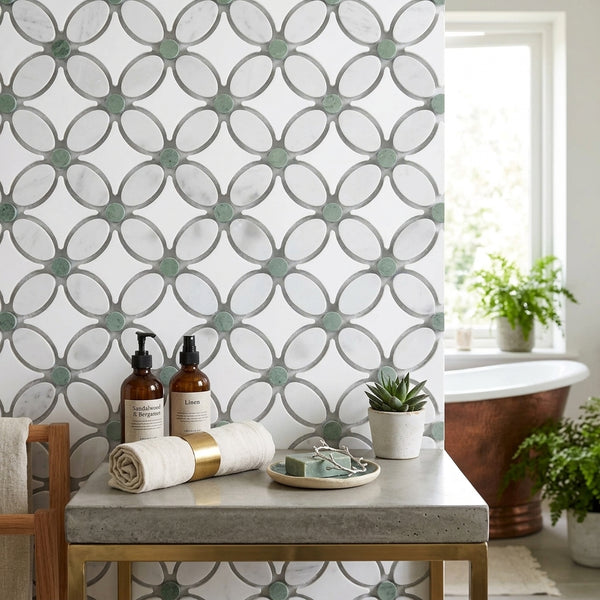 AI-generated shop-the-look image showing natural stone tile styled in a room setting