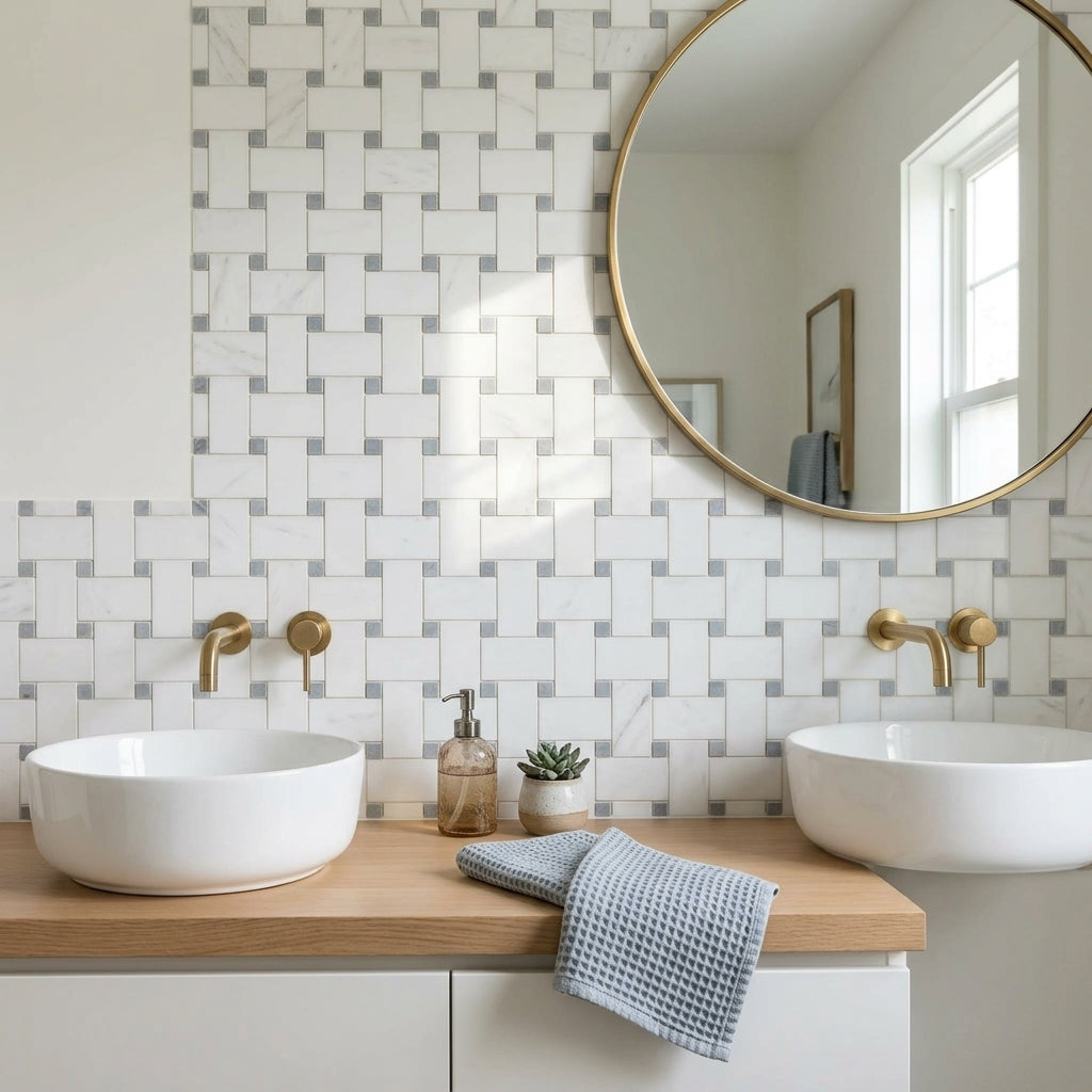 AI-generated shop-the-look image showing natural stone tile styled in a room setting
