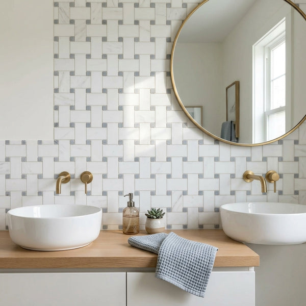 AI-generated shop-the-look image showing natural stone tile styled in a room setting