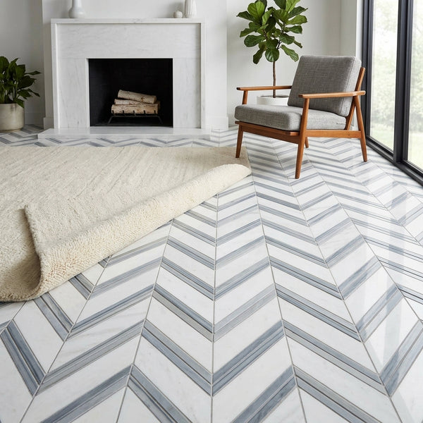 AI-generated shop-the-look image showing natural stone tile styled in a room setting