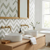 AI-generated shop-the-look image showing natural stone tile styled in a room setting