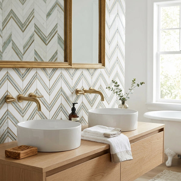 AI-generated shop-the-look image showing natural stone tile styled in a room setting