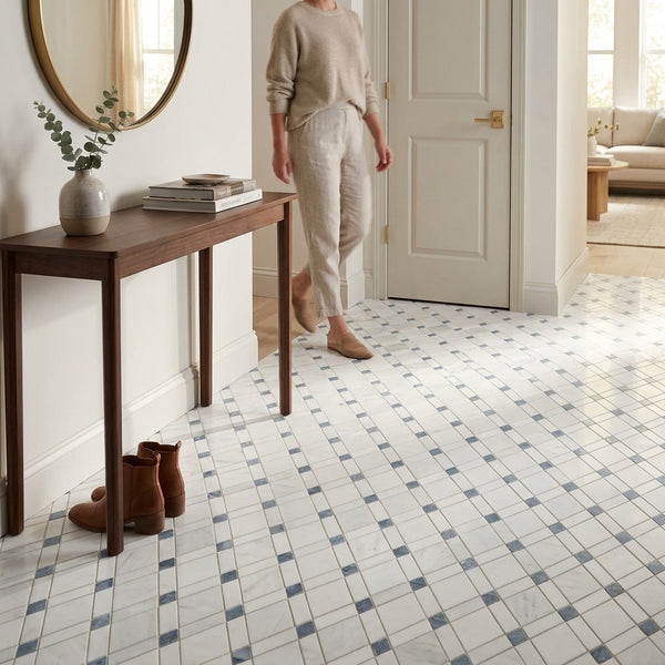 AI-generated shop-the-look image showing natural stone tile styled in a room setting