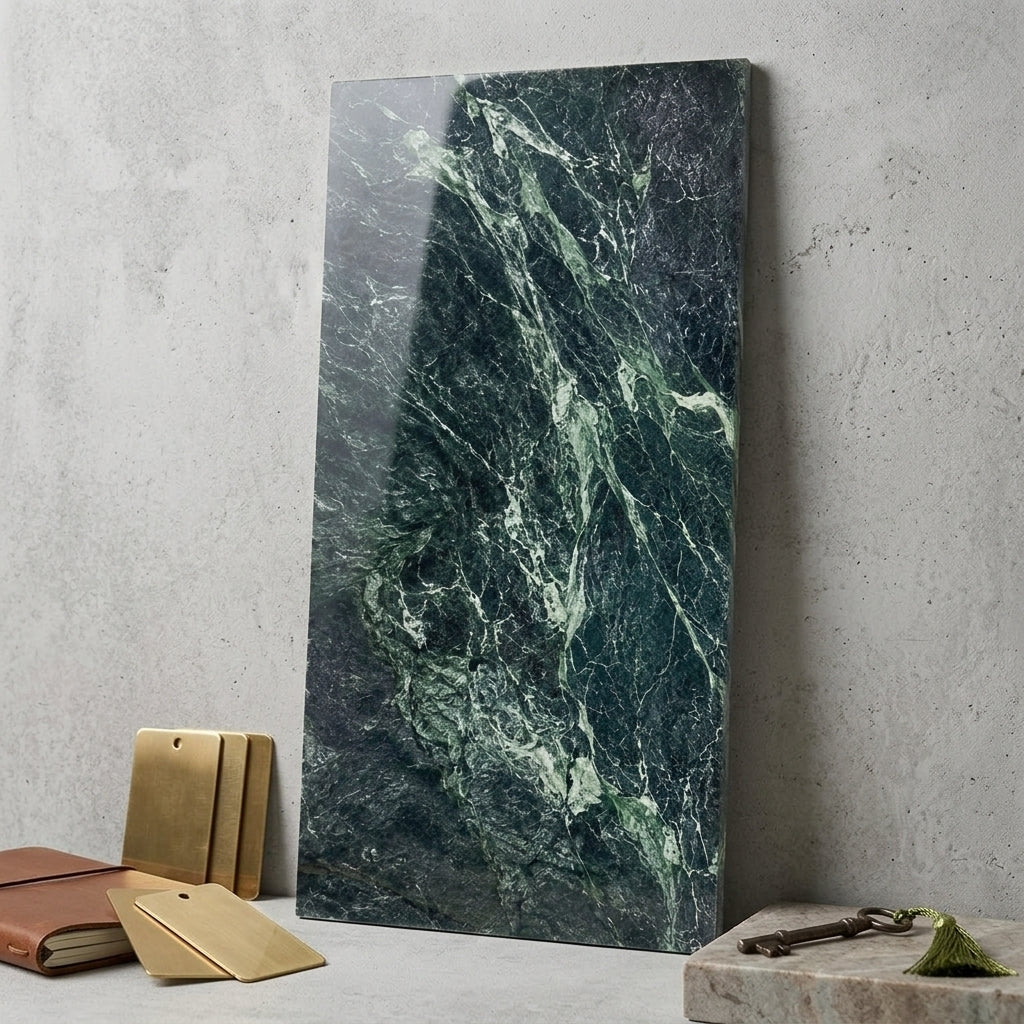 AI-generated shop-the-look image showing natural stone tile styled in a room setting