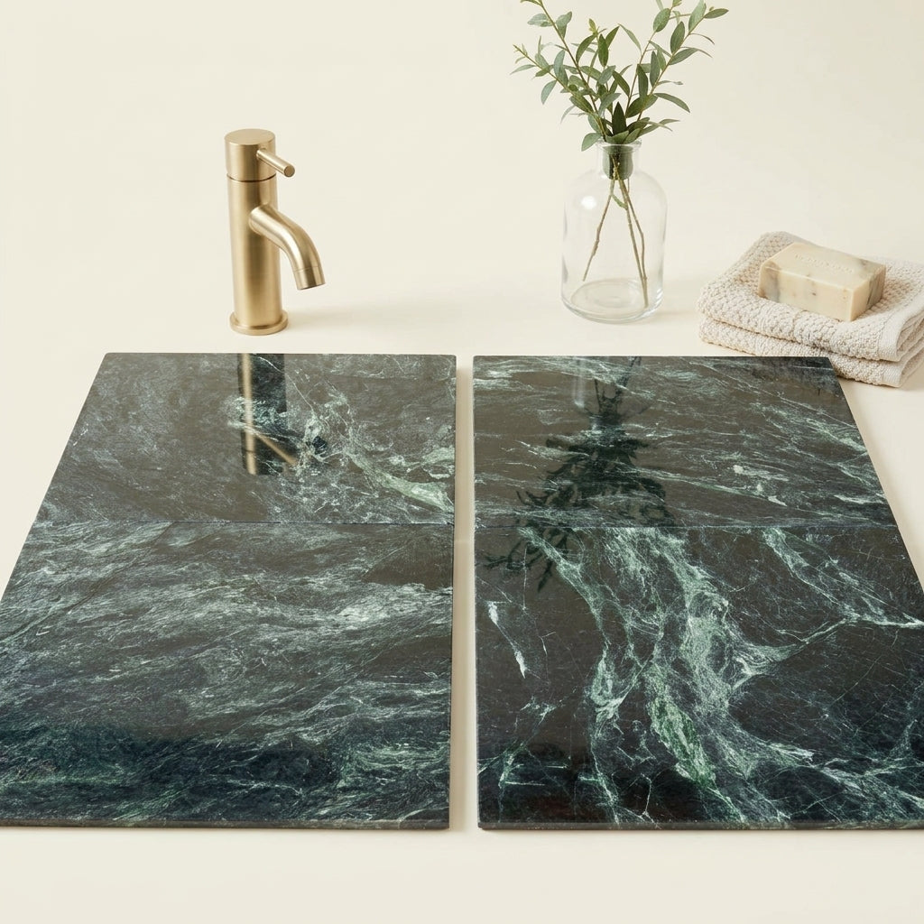 AI-generated shop-the-look image showing natural stone tile styled in a room setting