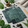 AI-generated shop-the-look image showing natural stone tile styled in a room setting