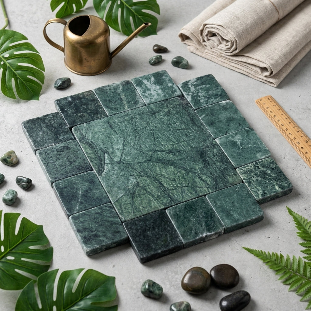 AI-generated shop-the-look image showing natural stone tile styled in a room setting
