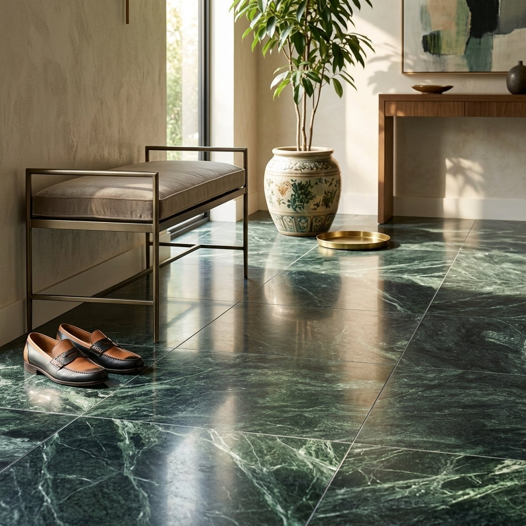 AI-generated shop-the-look image showing natural stone tile styled in a room setting