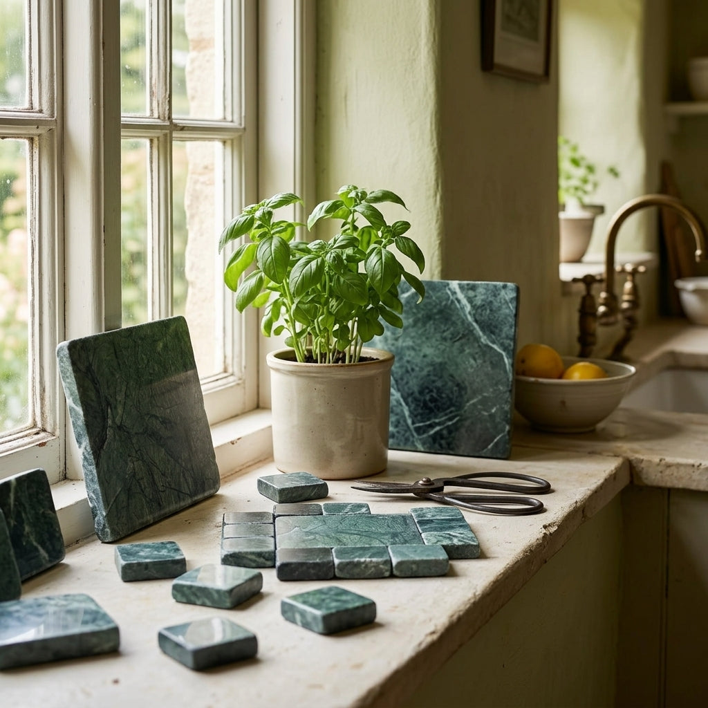 AI-generated shop-the-look image showing natural stone tile styled in a room setting