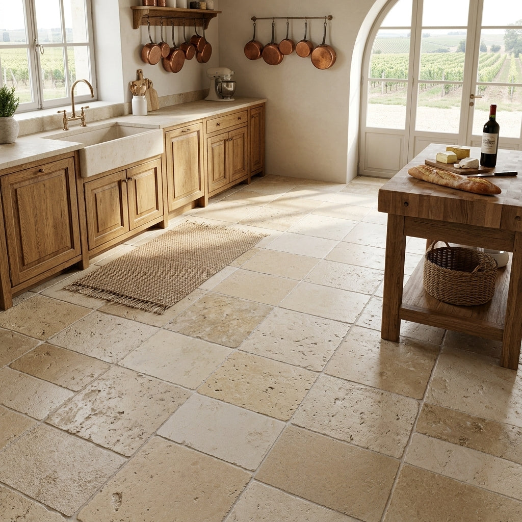 AI-generated shop-the-look image showing natural stone tile styled in a room setting