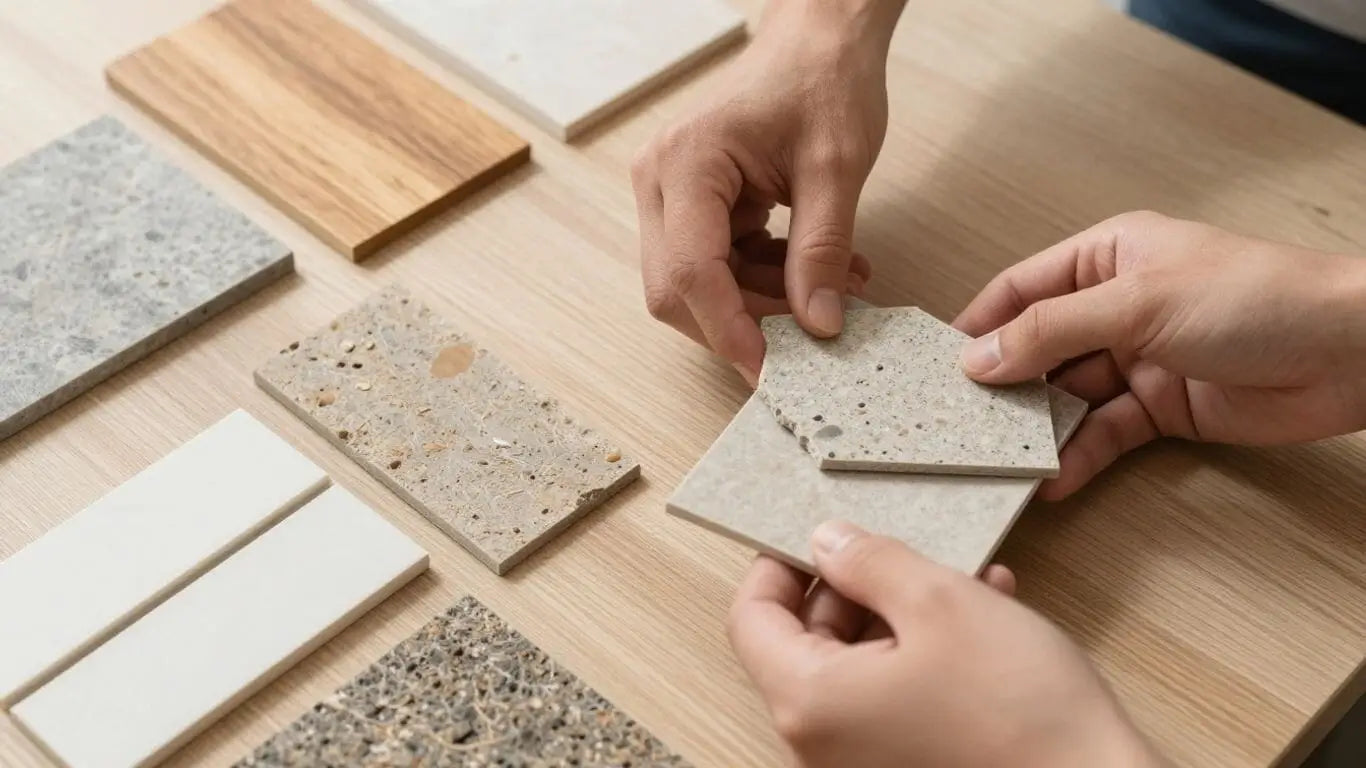 Surface material samples and hands selecting them.