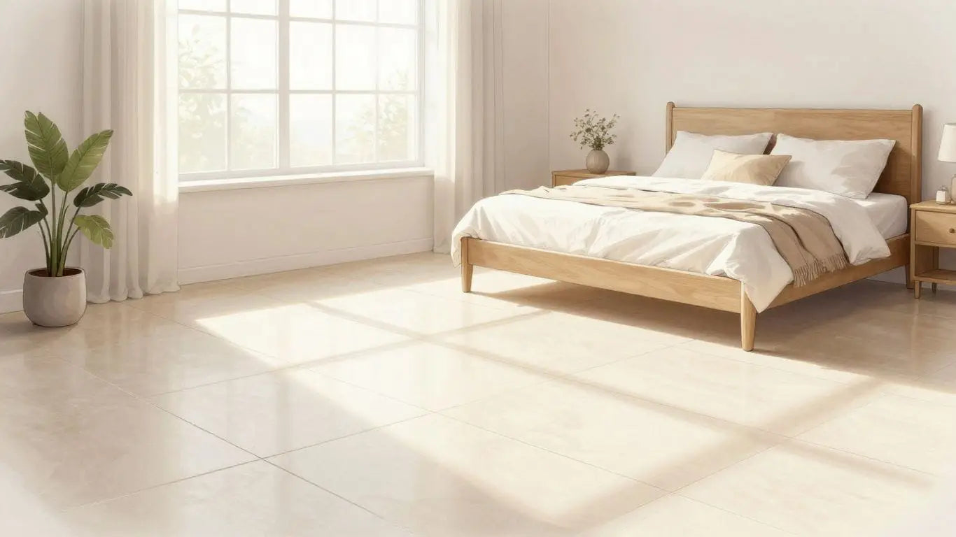 Bedroom with large, light tiles and sunlight.