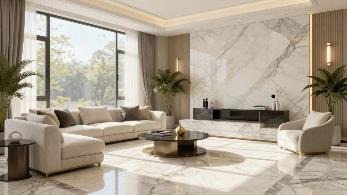 Elegant limestone tiles with marble accents in a home interior.