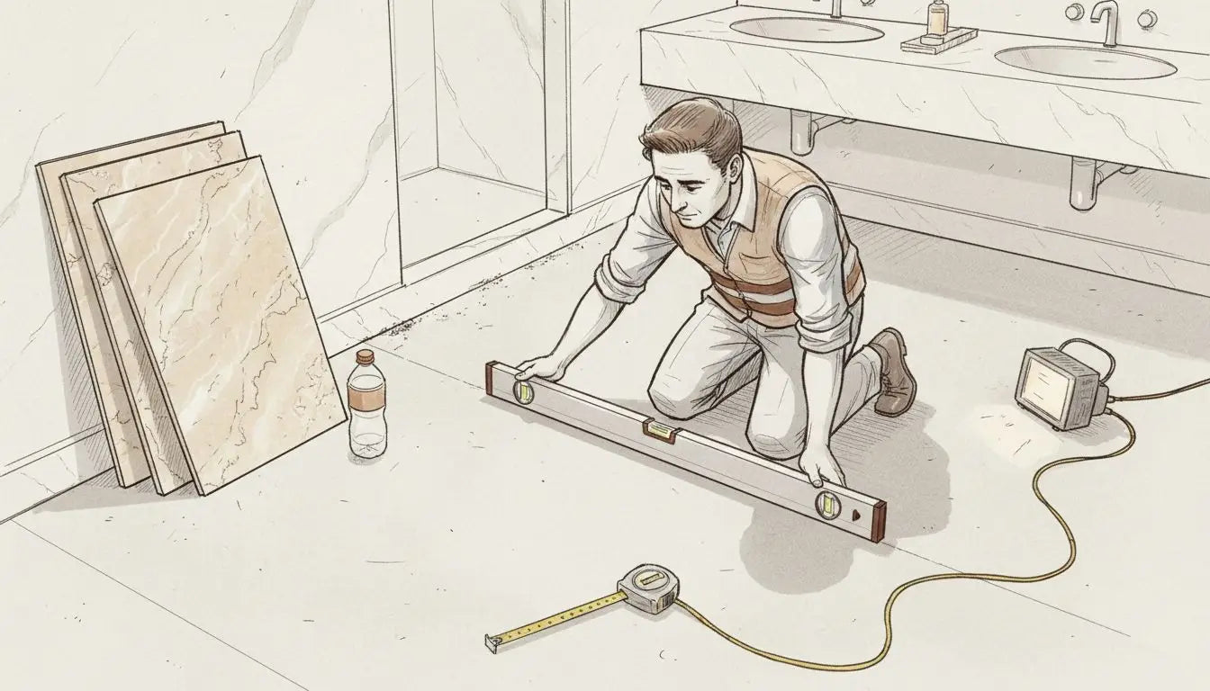 Supervisor checking floor flatness before mosaic installation