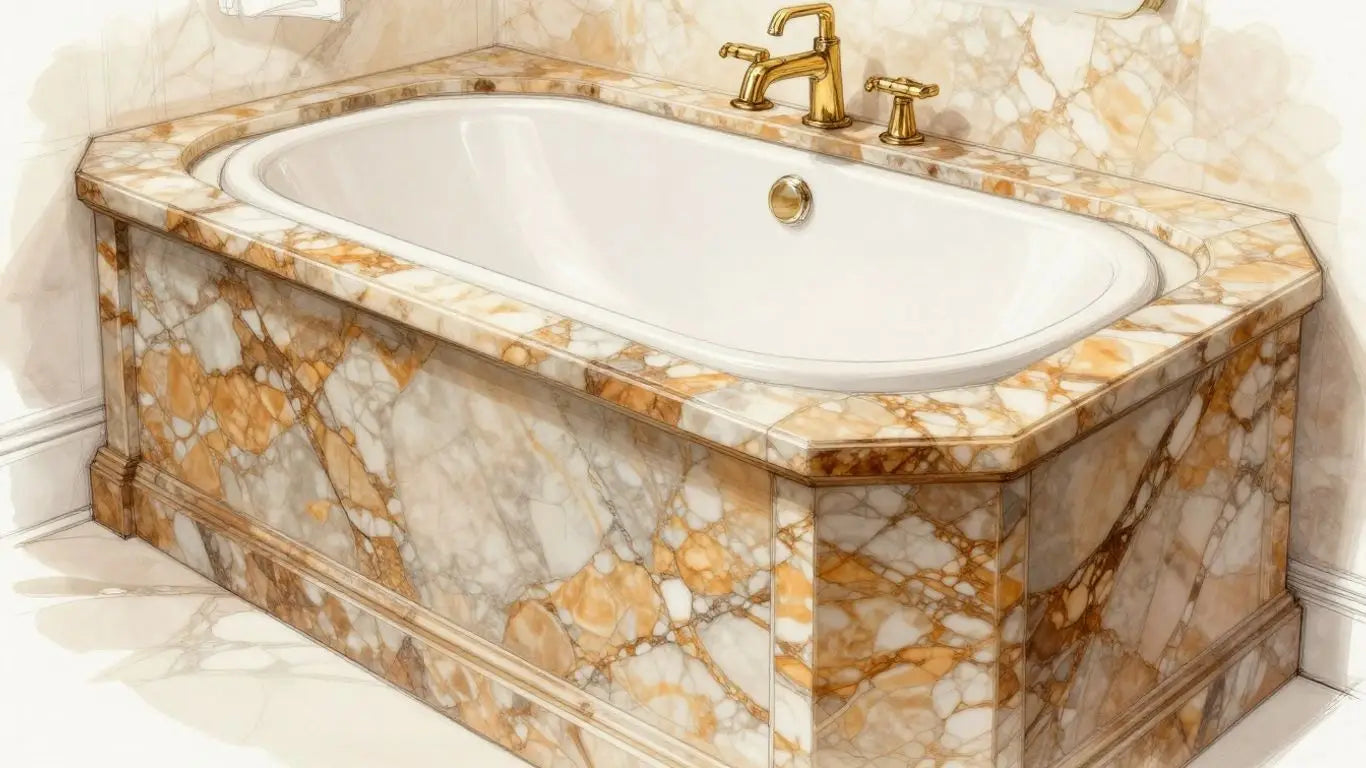 Cappuccino marble trim around a bathtub in a sketch.
