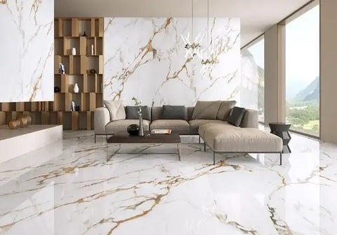 Luxurious marble-patterned living room showcasing elegant interior design and flooring.