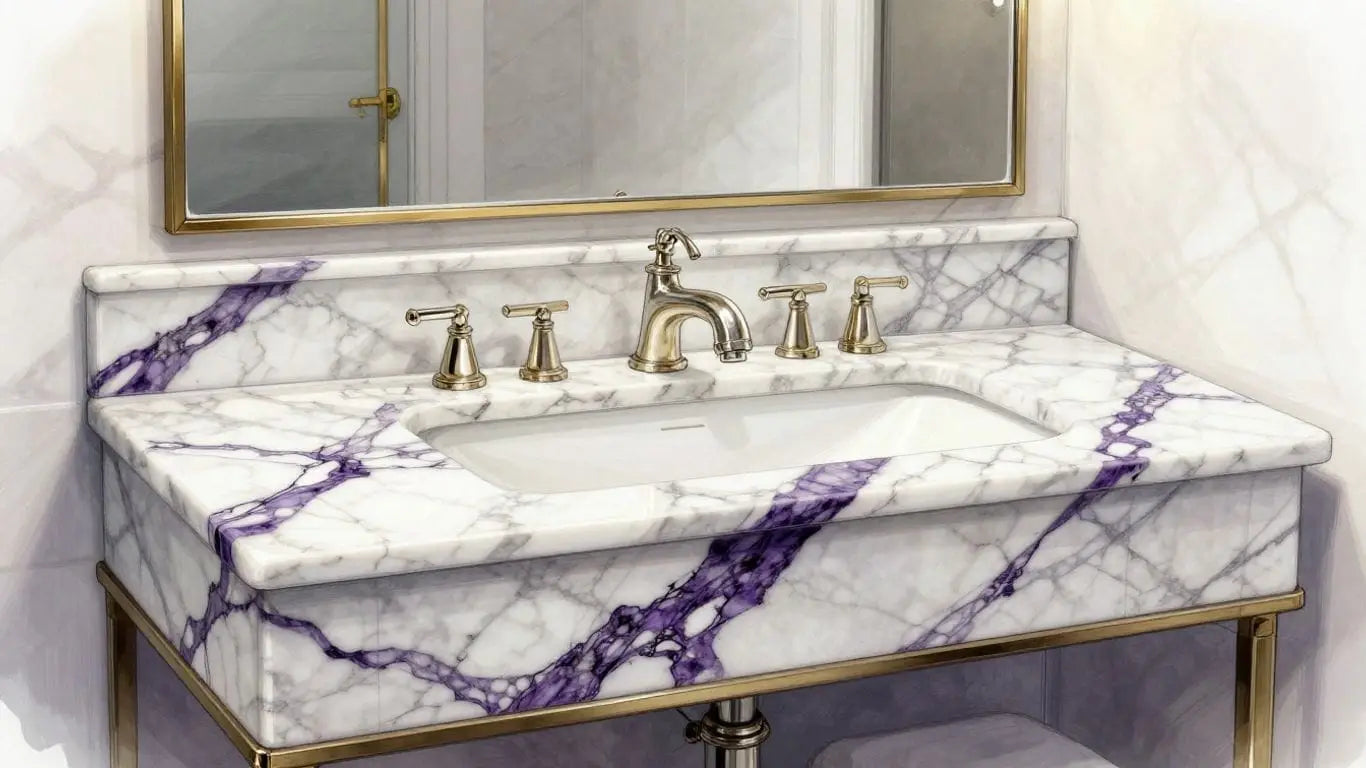 Calacatta Viola marble vanity in a luxurious bathroom sketch.