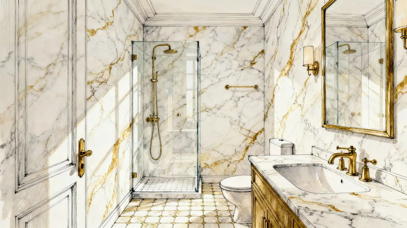 Bright Calacatta Gold bathroom surface composition