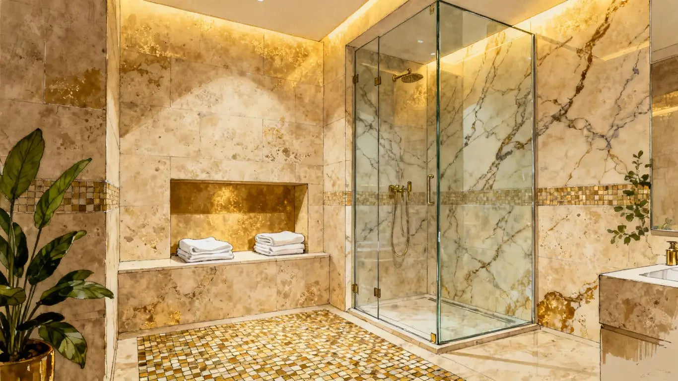 Warm travertine shower with spa-like earthy tones