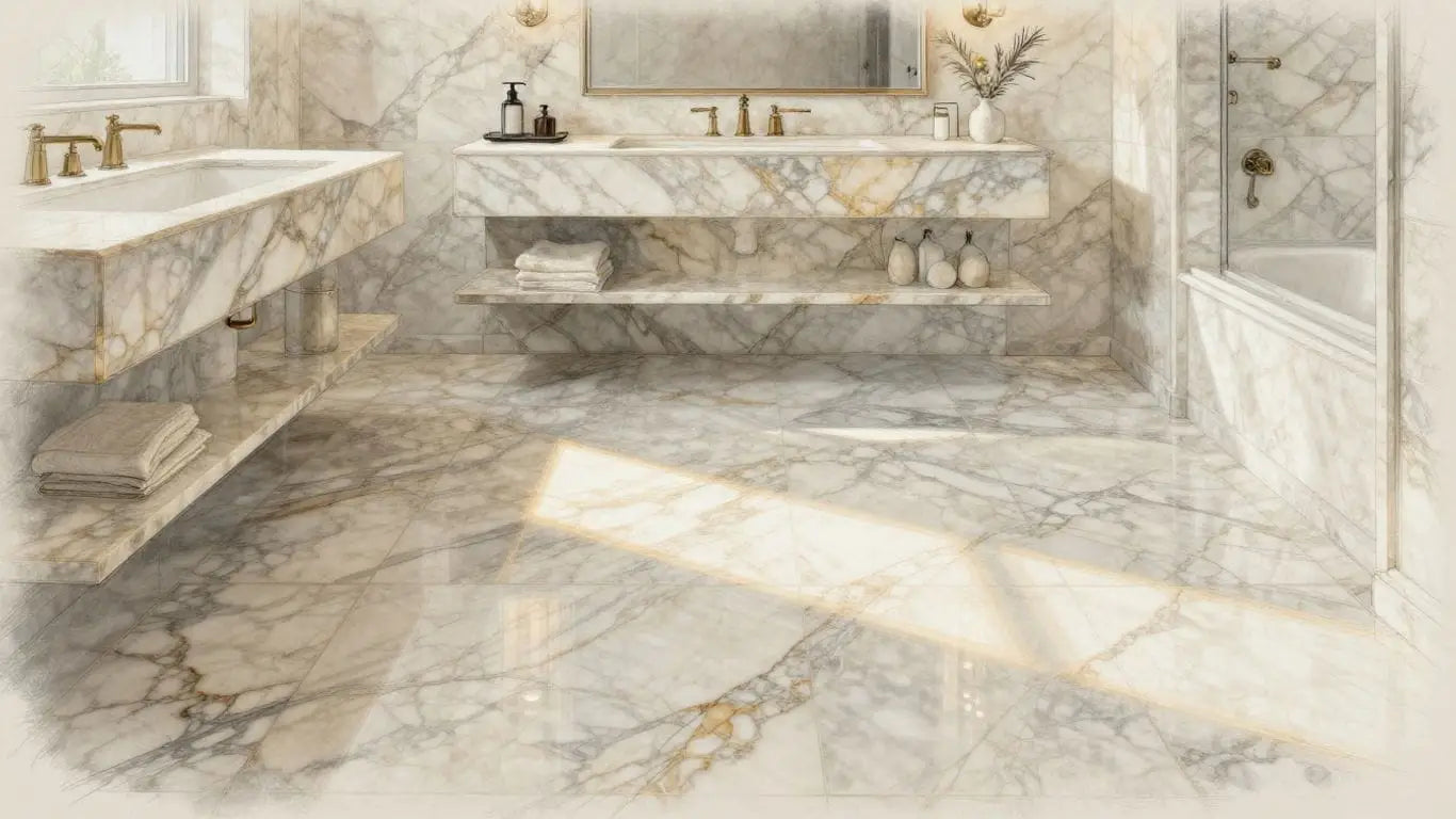 Natural stone tile floor and vanity in a bathroom.