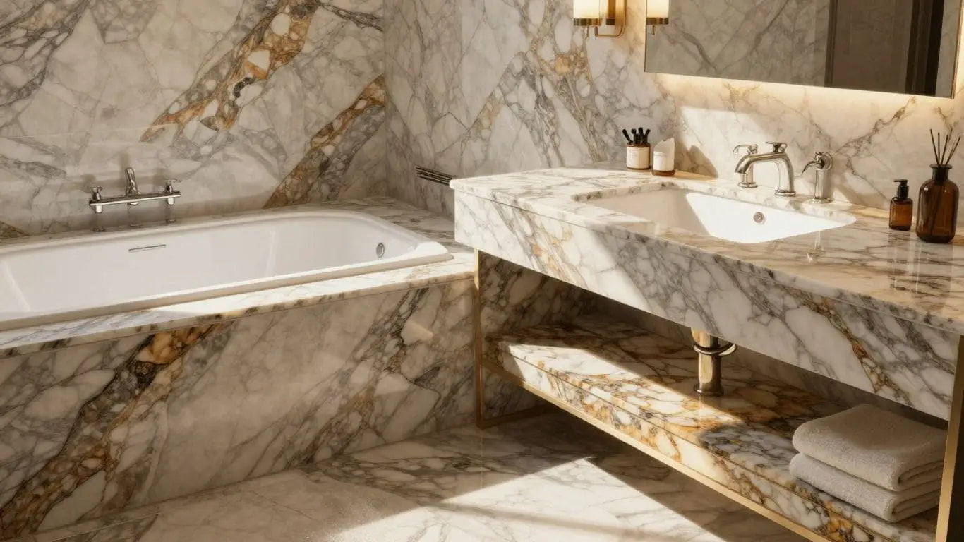 Natural stone bathroom with marble tub and granite vanity.