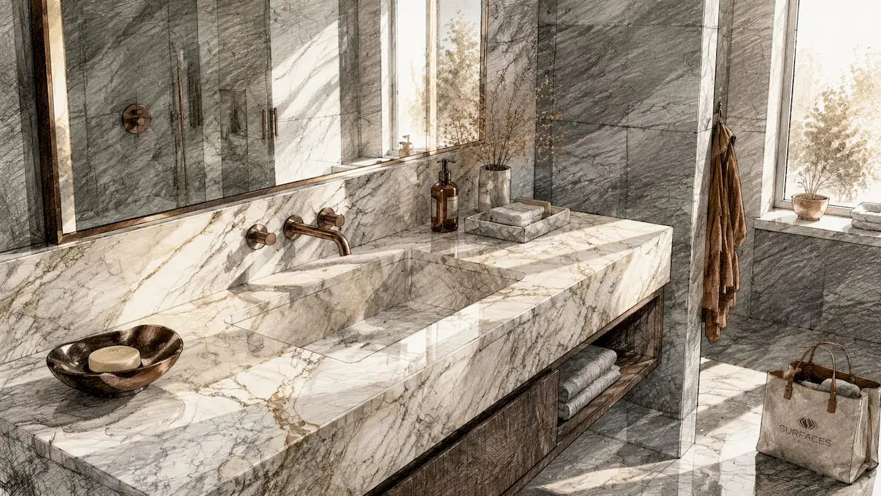 Luxurious bathroom with marble vanity and travertine walls