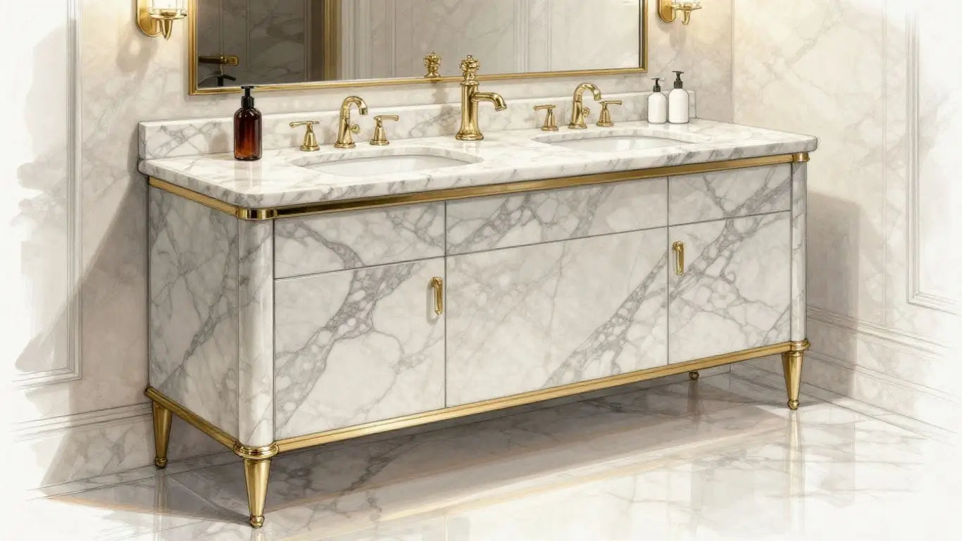Elegant Carrara marble bathroom interior sketch.