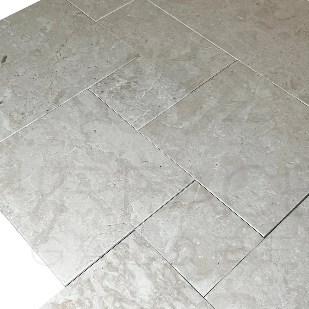Gray marble floor tiles in Macchiato Cream Beige Versailles French Pattern Set