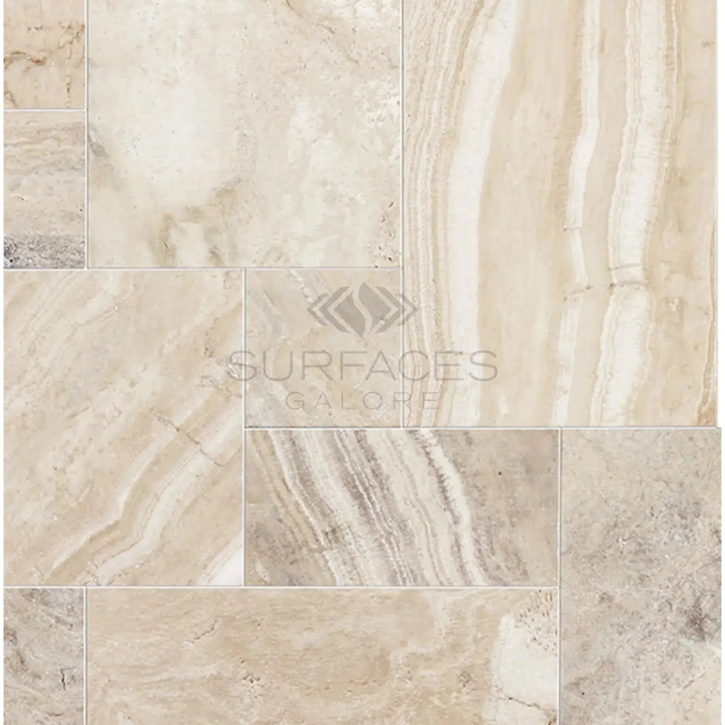 Beige travertine tile mosaic in Malibu Travertine 4 pcs Versailles Pattern Set Tumbled