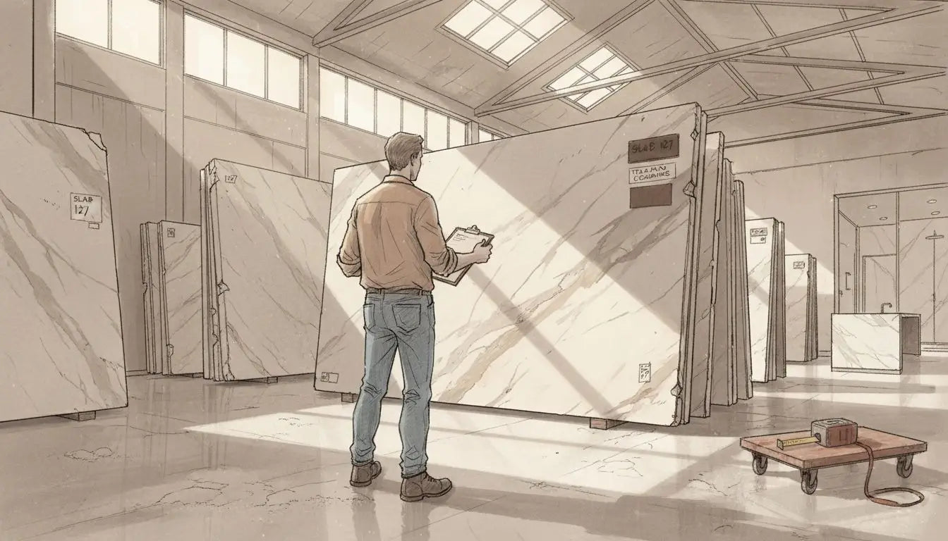 Architect examining Italian marble slabs in warehouse
