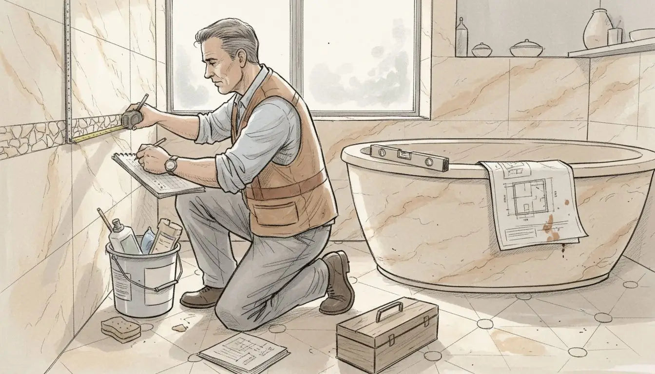 Contractor measuring tiles on bathroom floor