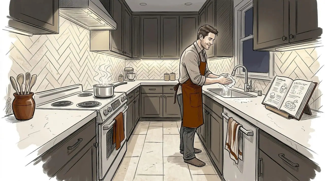 Light stone tile floor and herringbone backsplash in kitchen