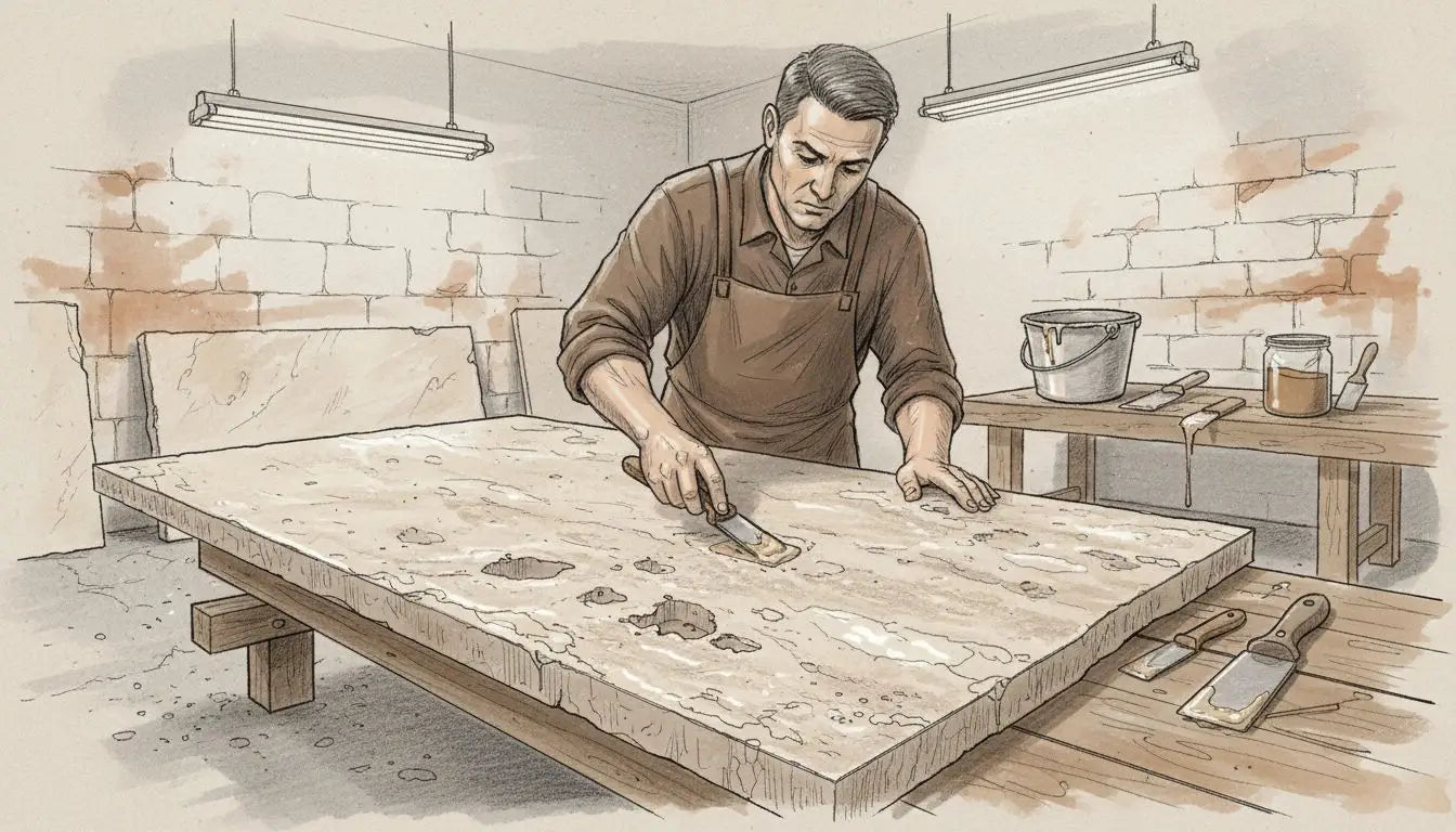 Stoneworker fills travertine slab surface
