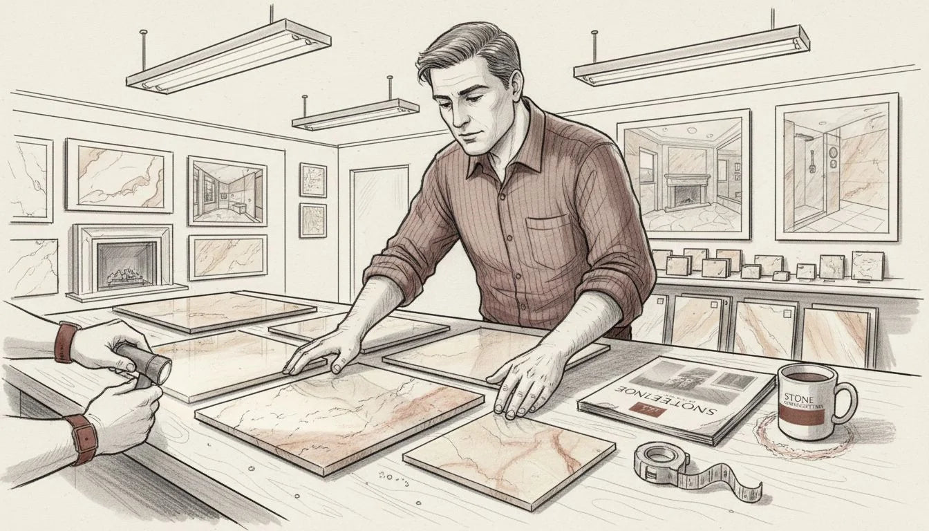 Hands inspecting travertine tile samples in showroom