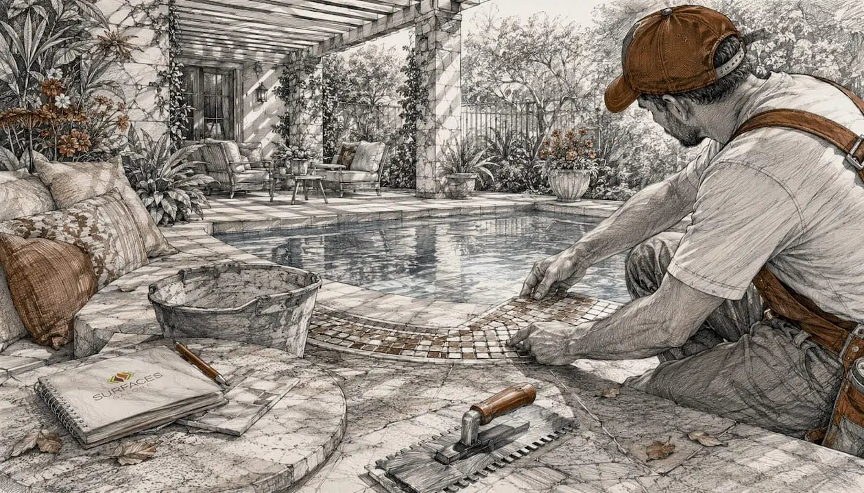 Hands installing natural stone mosaics in indoor pool edge