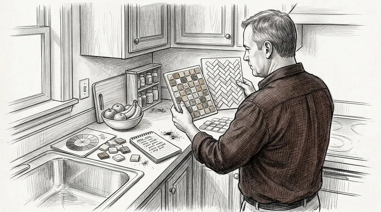 Man comparing mosaic tile samples in kitchen
