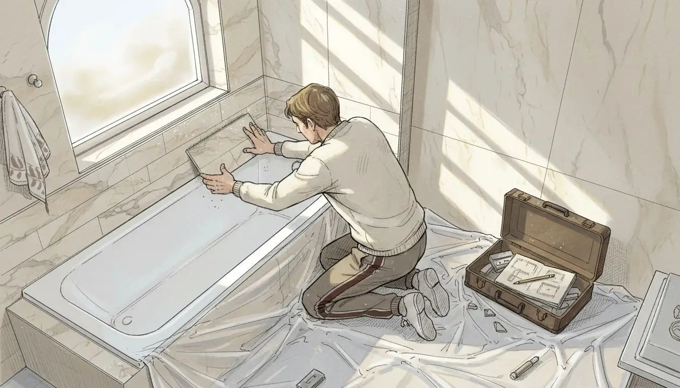 Homeowner arranging marble tiles in bathroom