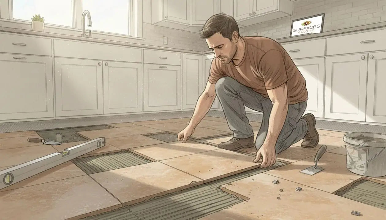 Person installing field tiles on kitchen floor