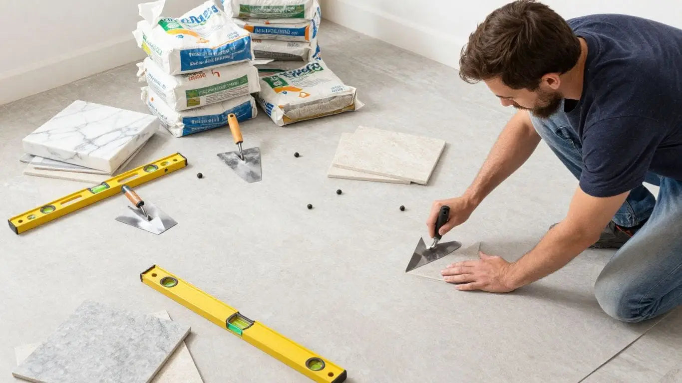 Tiling tools and stone tiles on a prepared subfloor.