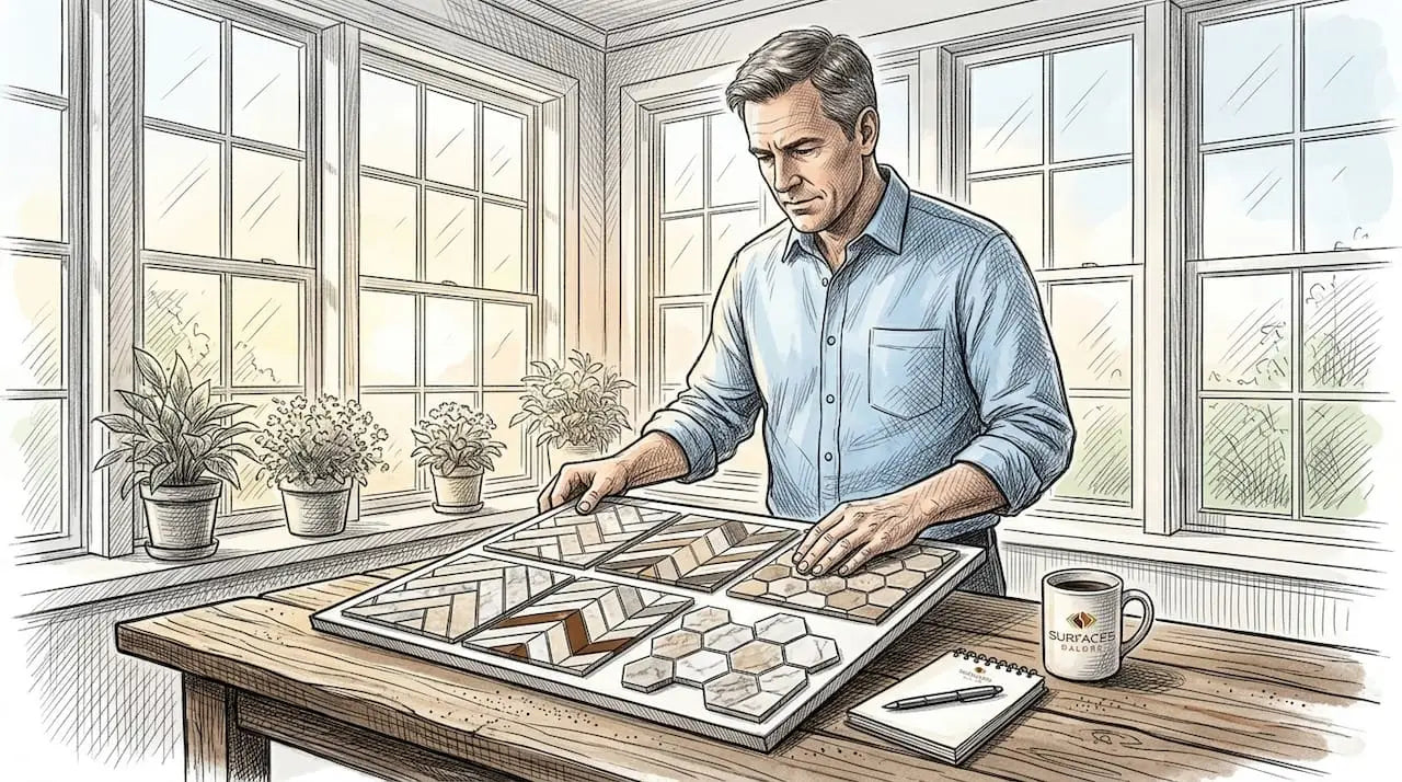 Homeowner examines mosaic pattern samples in kitchen