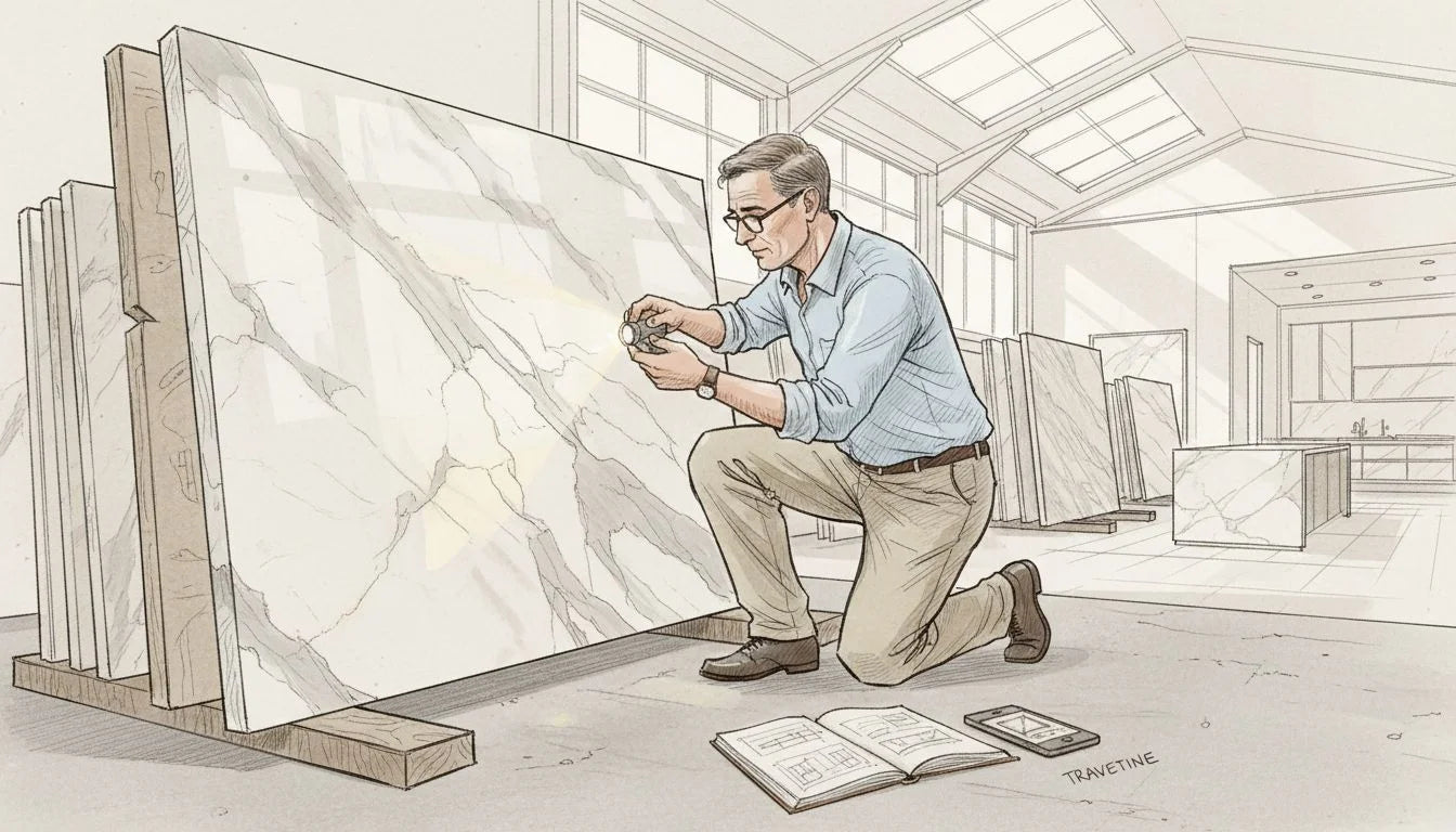 Consultant examining marble slab veining