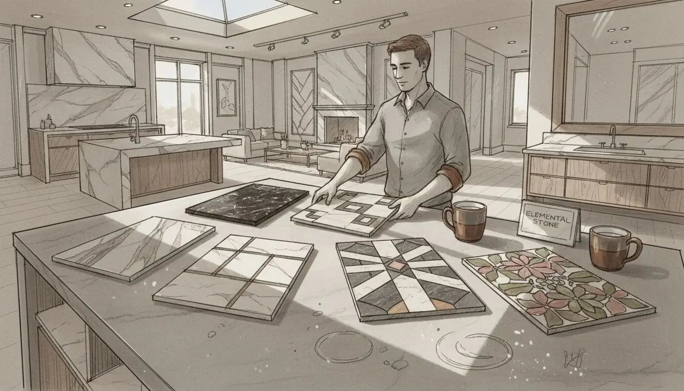 Showroom with varied marble mosaic samples