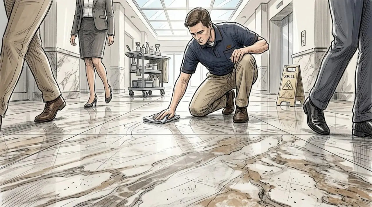Custodian cleaning worn marble hallway floor