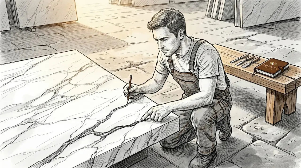 Fabricator inspects marble slab vein alignment