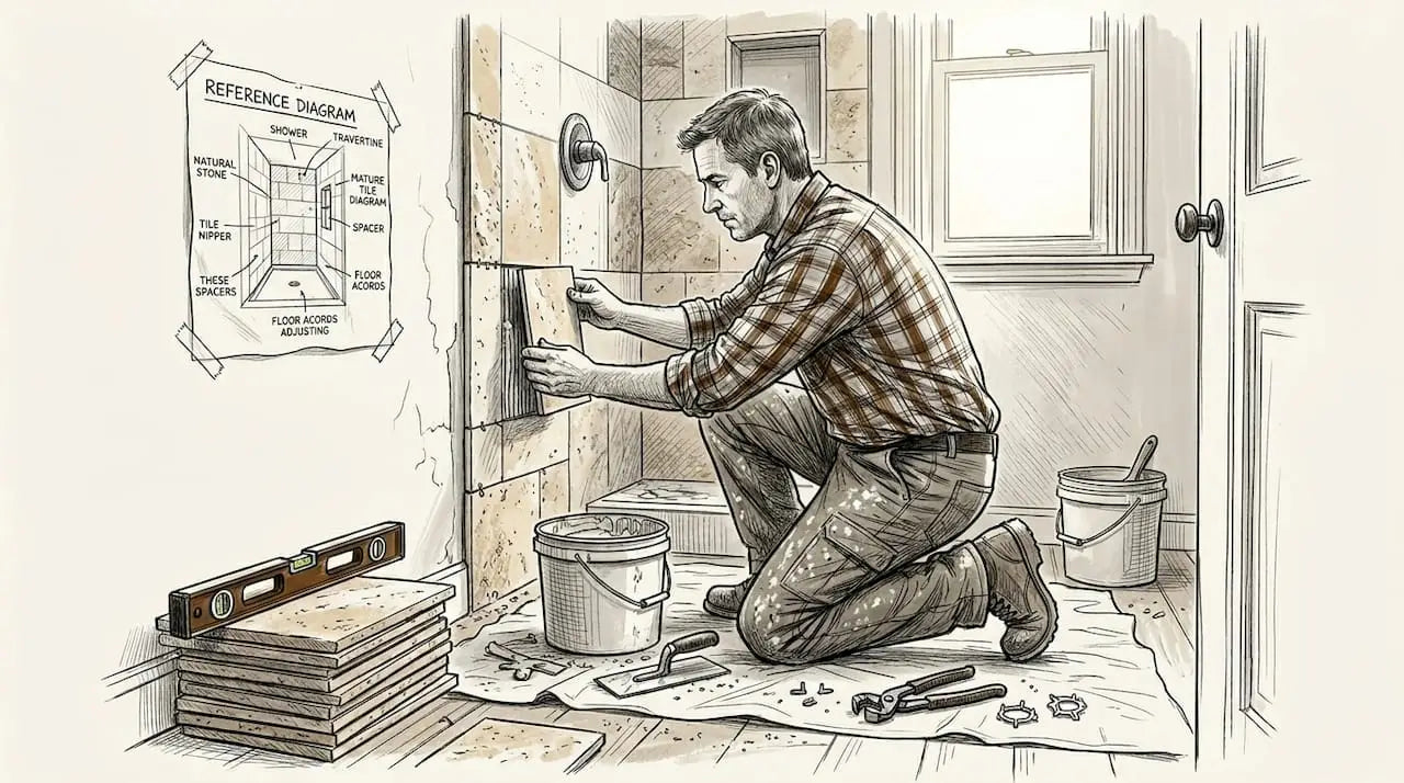 Tiler preparing bathroom shower wall surface