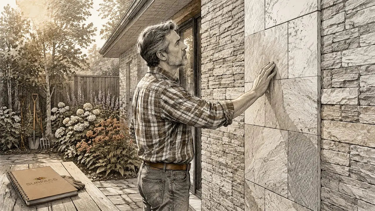 Homeowner inspecting stone cladding on wall